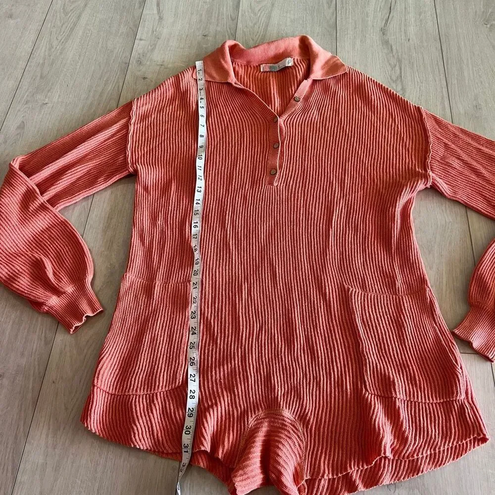 Free People Coral Ribbed Long Sleeve Romper